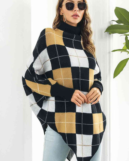 Plaid Turtleneck Dolman Sleeve Poncho