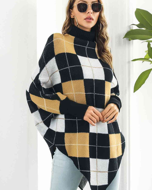 Plaid Turtleneck Dolman Sleeve Poncho