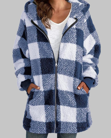 Plaid Zip-Up Hooded Jacket with Pockets