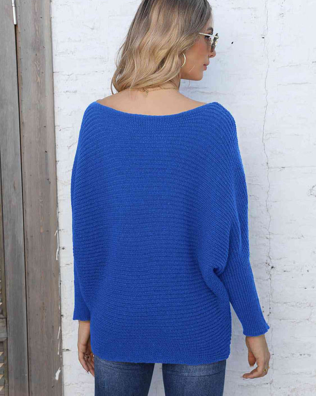 Full Size Horizontal Ribbing Dolman Sleeve Sweater