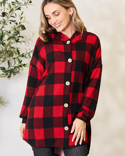 Heimish Full Size Plaid Button Front Hooded Shirt