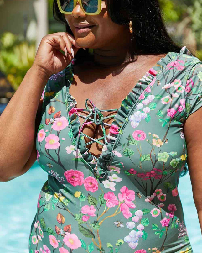 Marina West Swim Bring Me Flowers V-Neck One Piece Swimsuit In Sage