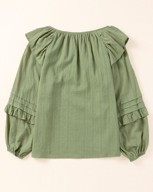 Ruffled Notched Neck Balloon Sleeve Blouse