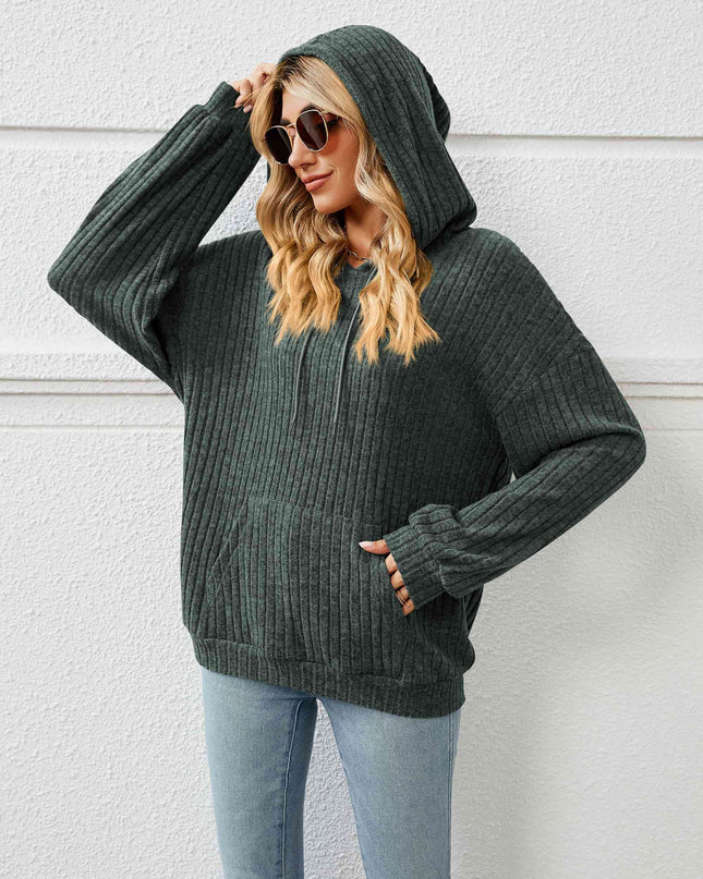 Drawstring Dropped Shoulder Ribbed Hoodie