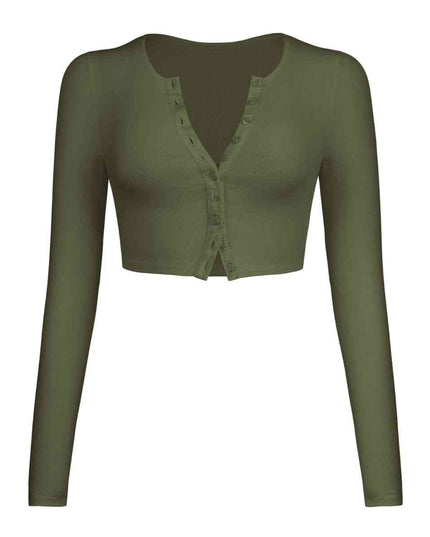 Double Take Button Down Long Sleeve Cropped Top