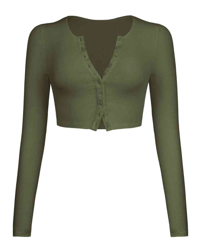 Double Take Button Down Long Sleeve Cropped Top