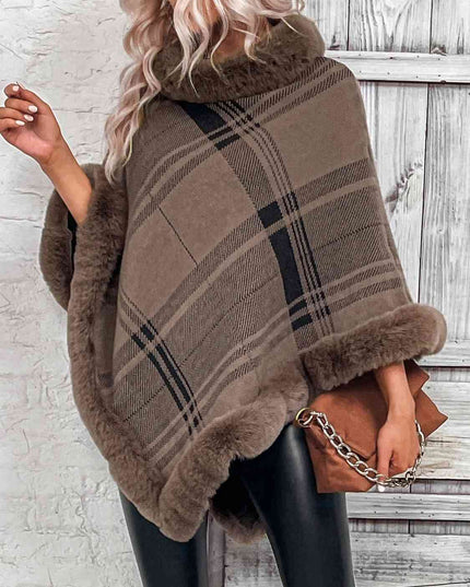 Plaid Faux Fur Trim Poncho