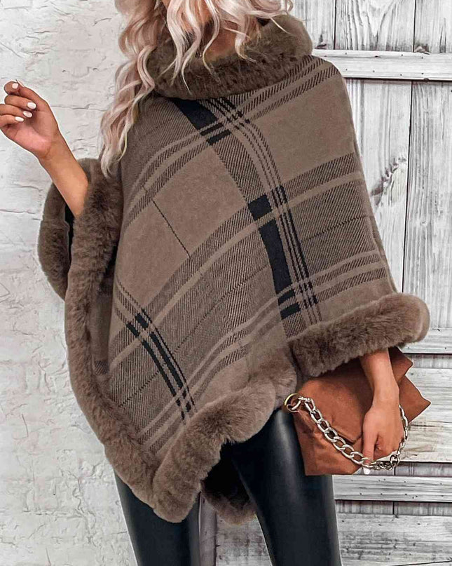 Plaid Faux Fur Trim Poncho
