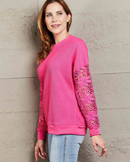 Double Take Dropped Shoulder Openwork Round Neck Sweatshirt