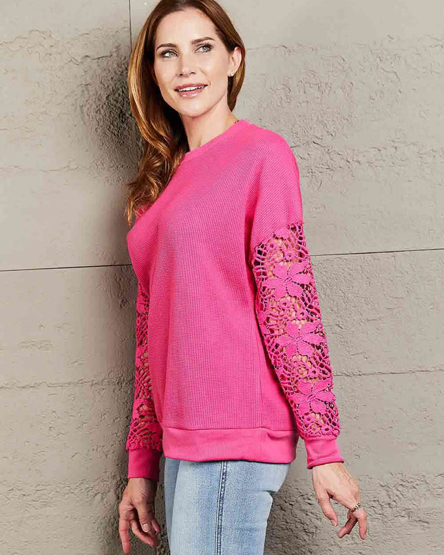 Double Take Dropped Shoulder Openwork Round Neck Sweatshirt
