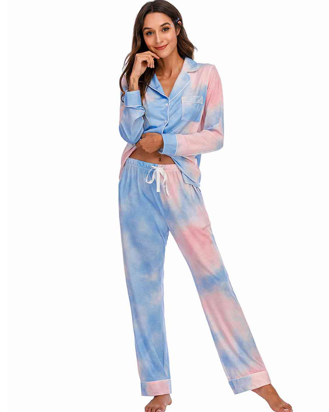 Collared Neck Long Sleeve Loungewear Set with Pockets