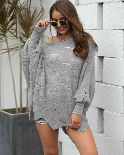 Full Size Boat Neck Lantern Sleeve Openwork Knit Top