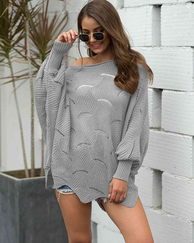 Full Size Boat Neck Lantern Sleeve Openwork Knit Top