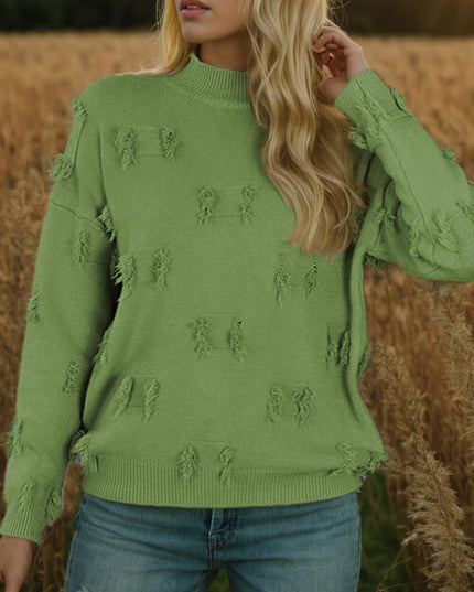 Fringe Detail Long Sleeve Mock Neck Sweater
