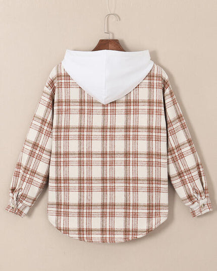 Plaid Drawstring Button Up Long Sleeve Hooded Jacket