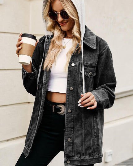 Drawstring Button Up Hooded Denim Jacket