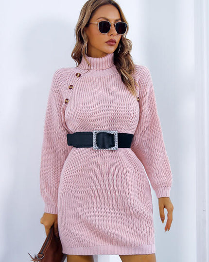 Buttoned Turtleneck Long Sleeve Sweater Dress