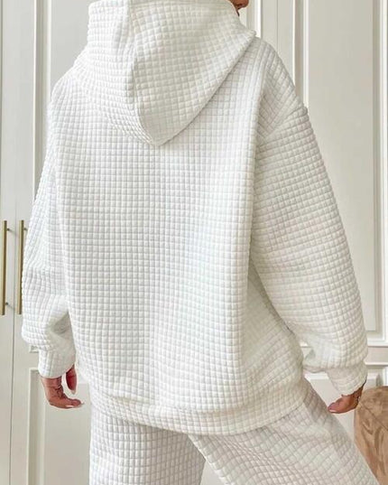 Full Size WHAT Graphic Waffle-Knit Long Sleeve Drawstring Hoodie
