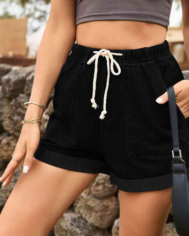 Drawstring High Waist Denim Shorts with Pockets