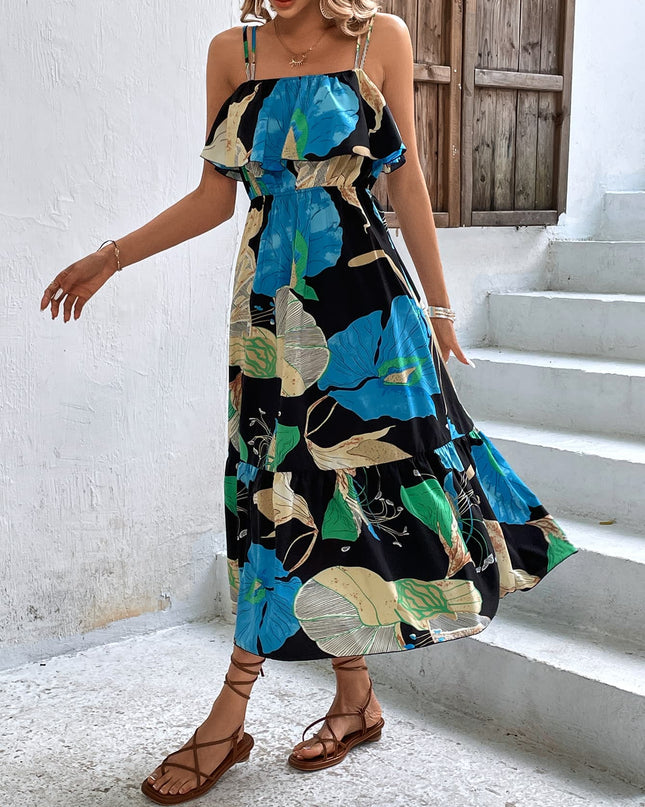 Floral Double-Strap Ruffle Hem Dress