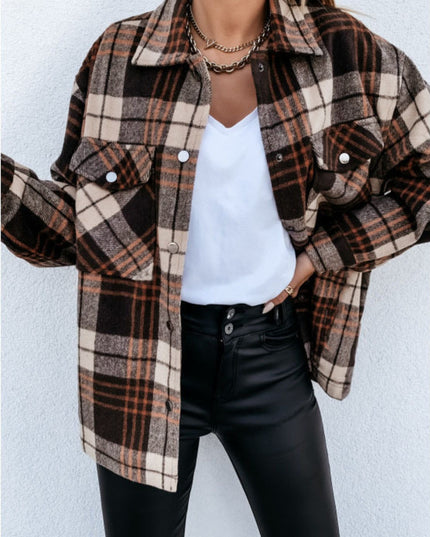 Pocketed Plaid Snap Down Dropped Shoulder Jacket