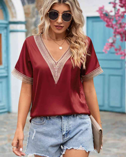 Contrast Trim Short Sleeve Plunge Blouse