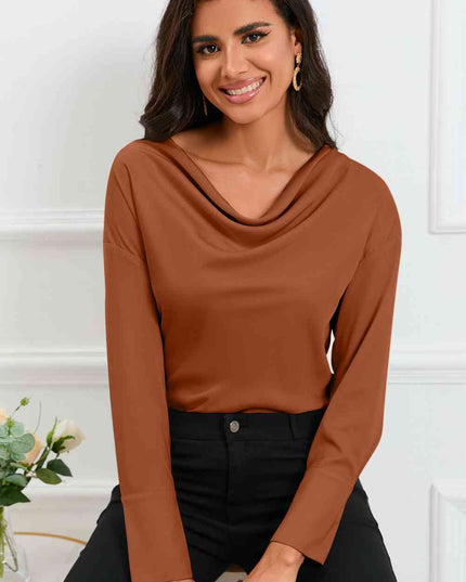 Cowl Neck Dropped Shoulder Long Sleeve Back Tie Blouse