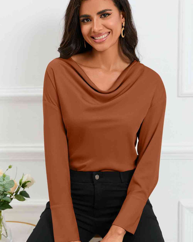 Cowl Neck Dropped Shoulder Long Sleeve Back Tie Blouse