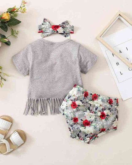 Fringe Detail SASSY Graphic T-Shirt and Floral Print Shorts Set