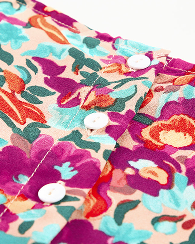 Floral Buttoned Square Neck Ruffled Tank