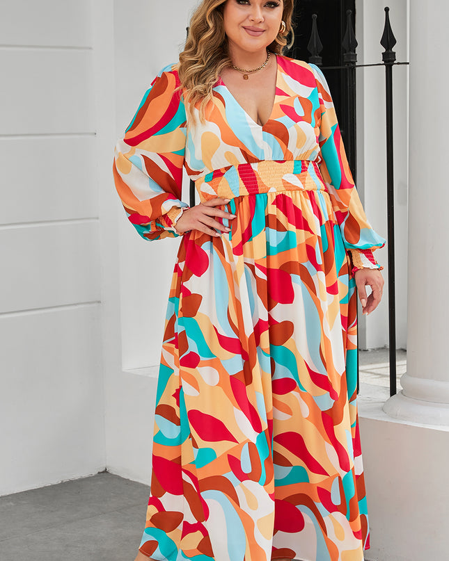 Plus Size Printed Lantern Sleeves V-Neck Dress