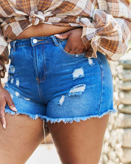 GeeGee Emily Plus High Waist Frayed Hemline Shorts in Denim