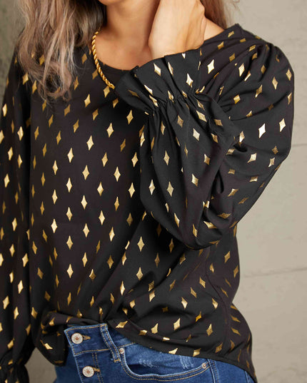 Double Take Printed Round Neck Flounce Sleeve Blouse