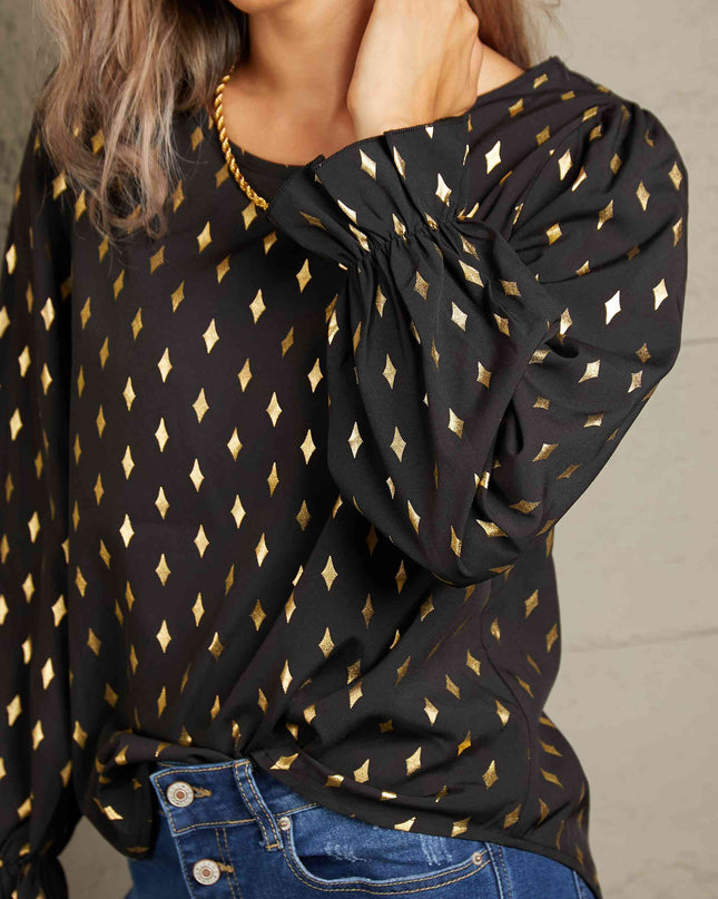 Double Take Printed Round Neck Flounce Sleeve Blouse
