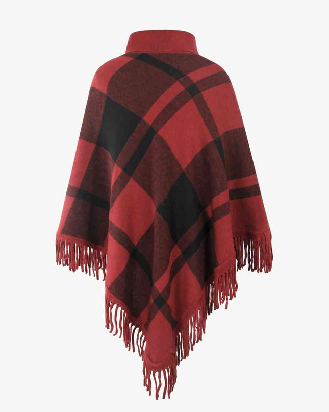 Plaid Turtleneck Fringe Hem Poncho