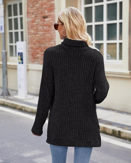 Ribbed Turtleneck Long Sleeve Slit Knit Top
