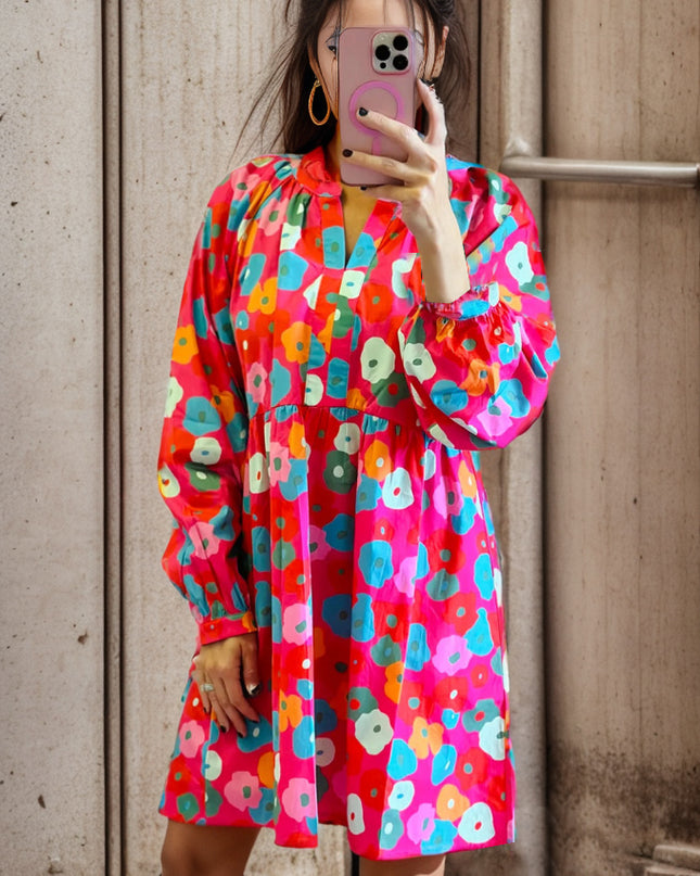 Printed Notched Raglan Sleeve Mini Dress
