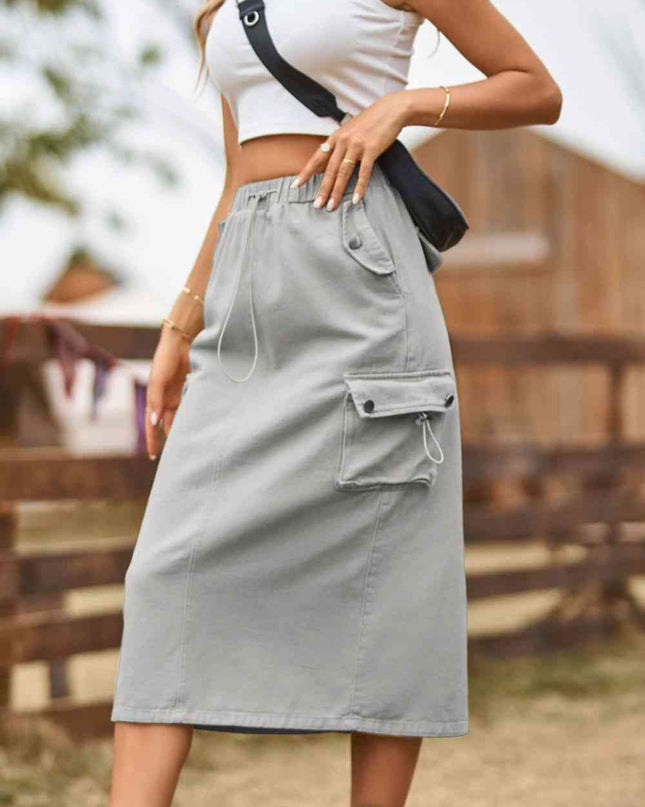 Drawstring Waist Slit Denim Skirt