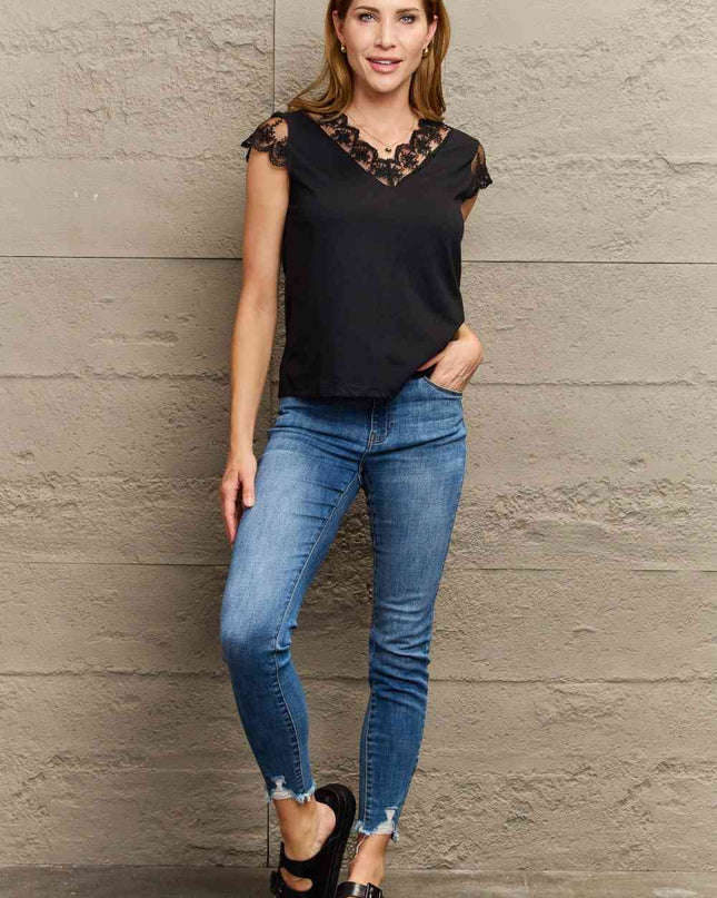 Lace Trim Cap Sleeve Blouse