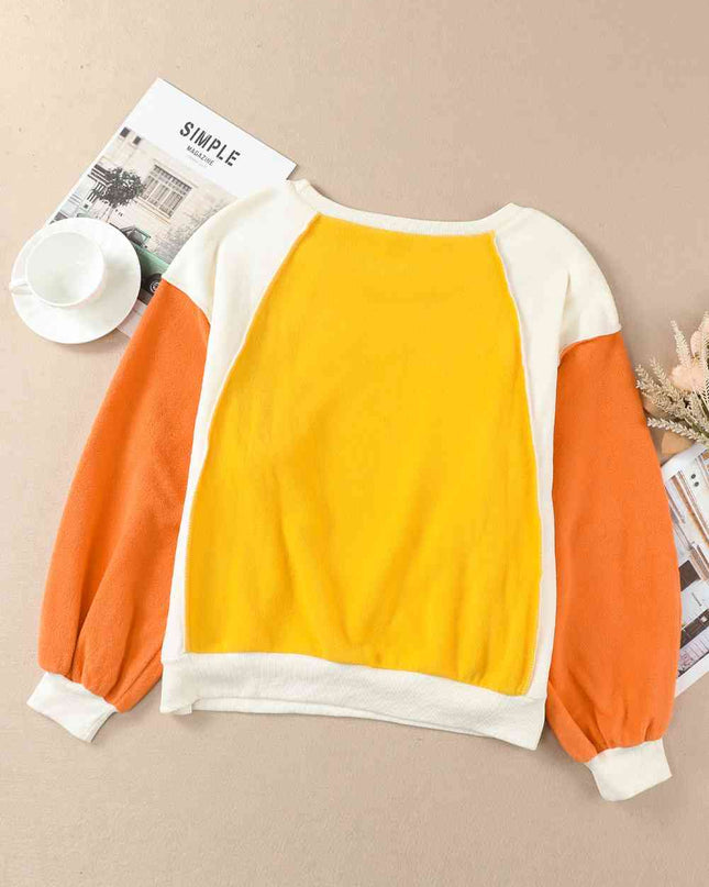 Round Neck Dropped Shoulder Color Block Sweatshirt