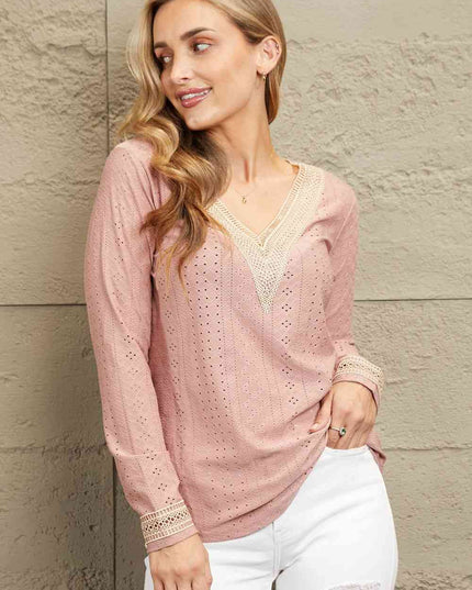 Double Take Contrast V-Neck Eyelet Long Sleeve Top