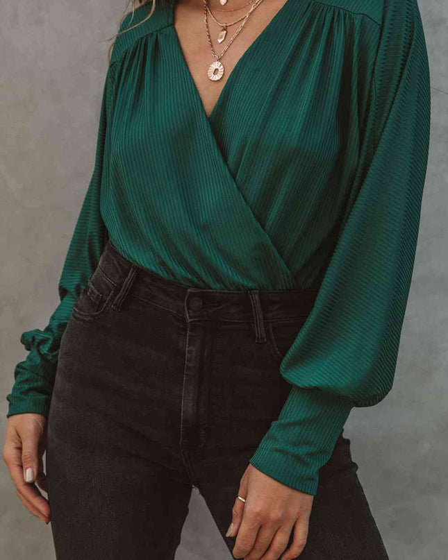 Ribbed Surplice Neck Lantern Sleeve Bodysuit