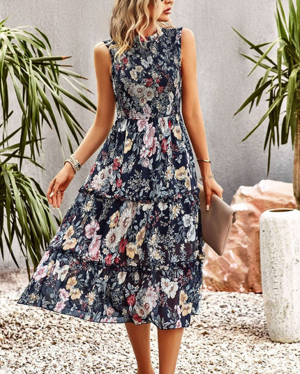 Frill Trim Smocked Sleeveless Midi Dress