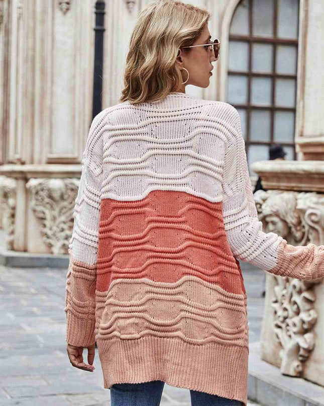 Color Block Openwork Open Front Cardigan