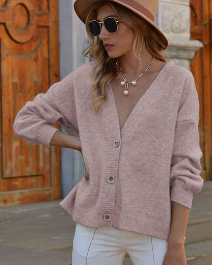 V-Neck Button-Down Dropped Shoulder Cardigan