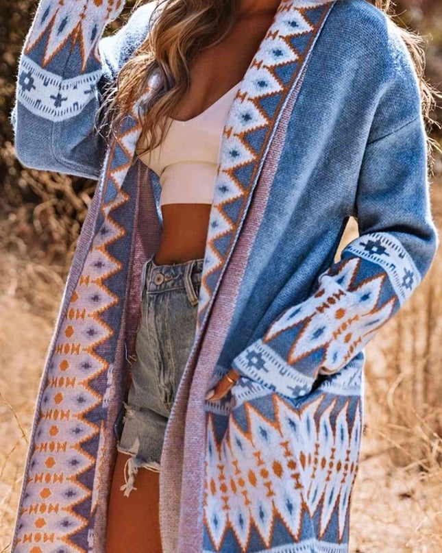 Plus Size Geometric  Open Front Cardigan with Pockets