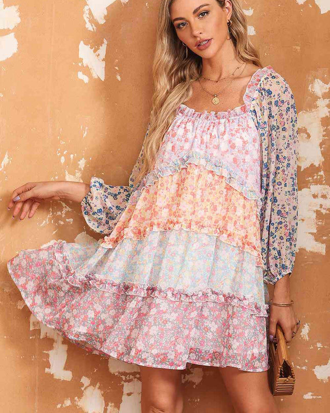 Floral Color Block Frill Trim Dress