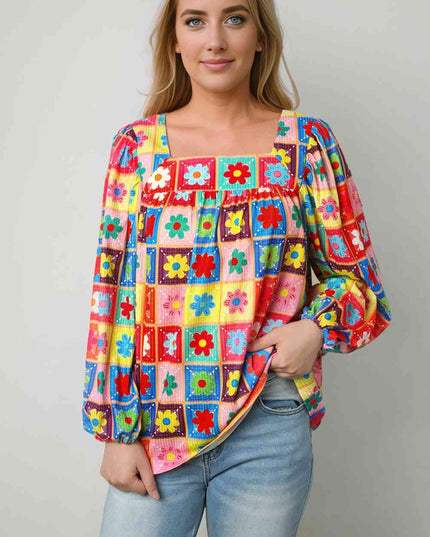 Printed Square Neck Balloon Sleeve Top