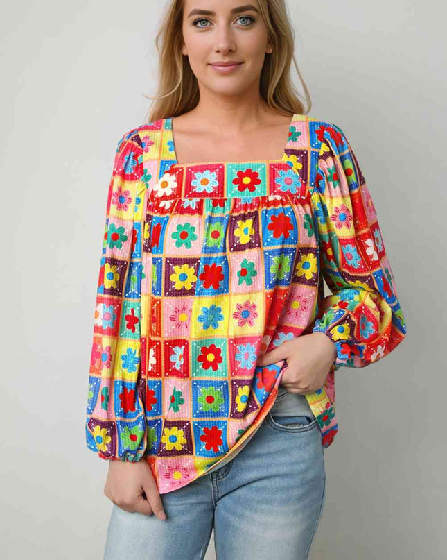 Printed Square Neck Balloon Sleeve Top