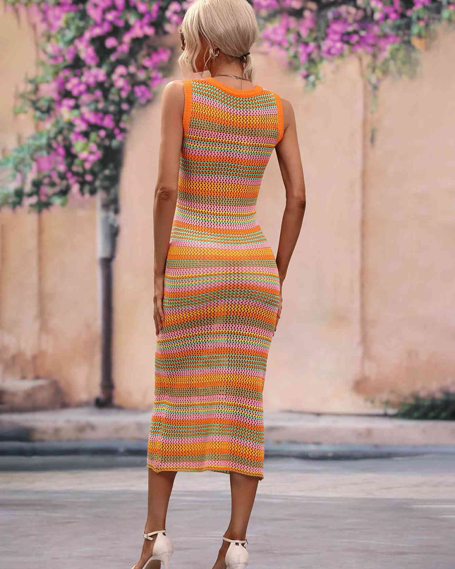 Striped Round Neck Sleeveless Midi Cover Up Dress